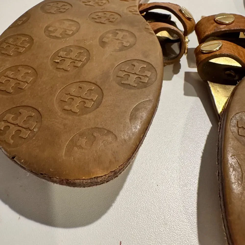 Vintage Tory Burch studded leather thong sandals pebbled tan leather sz 6.5